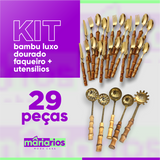 Kit Bambu Luxo Inox 29 Peças - Faqueiro 24 Peças + Utensílios 5 Peças