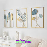 Quadro Minimalista Folhas- Azul e Dourado - Metal