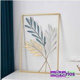 Quadro Minimalista Folhas- Azul e Dourado - Metal